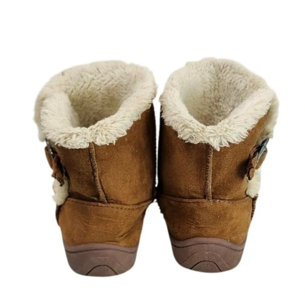 Kids Brown Faux Fur Lined Boots Heart Buckle Cozy‎ Winter Warm Size 8